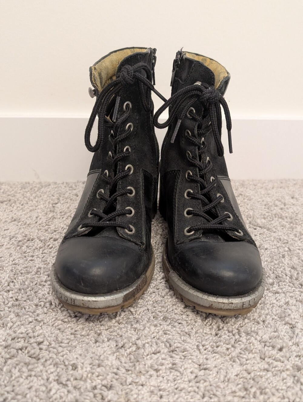 Fly London Black Lace-Up Combat Moto Boots